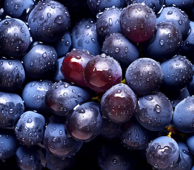 Bunch of black grapes with drops of water on a dark background Generative AI