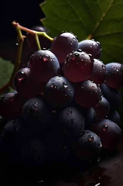 Bunch of black grapes with drops of water on a dark background Generative AI