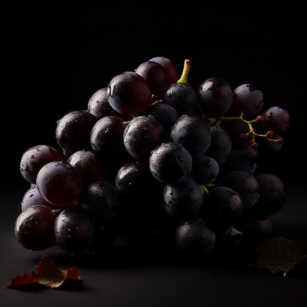 Bunch of black grapes with drops of water