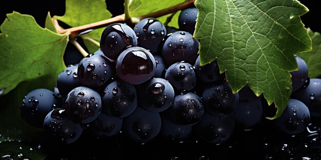 Куча черного винограда с каплями воды на нем и зеленым листом