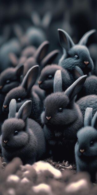 A bunch of black rabbits with a yellow nose