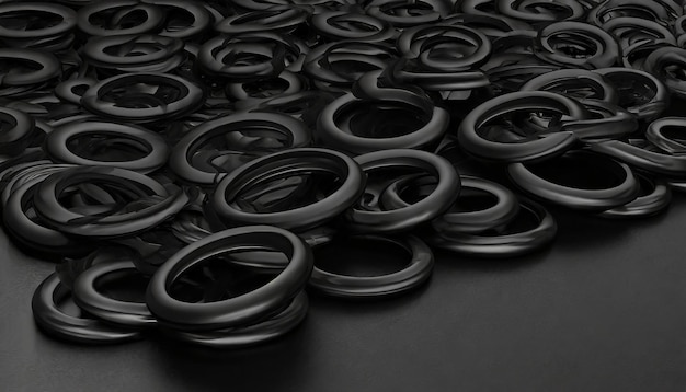 Photo a bunch of black rings on a black surface