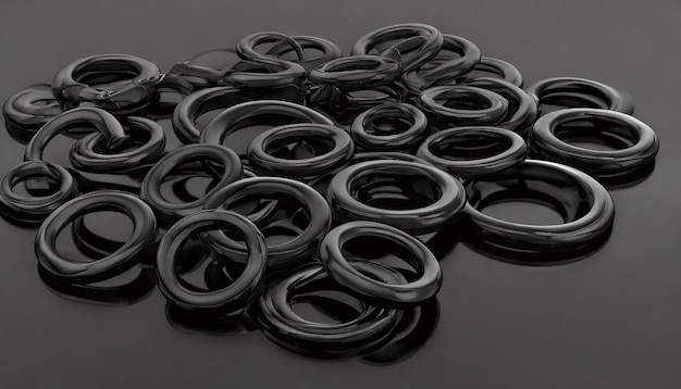 Photo a bunch of black rings on a black surface