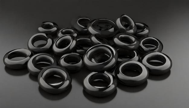 Foto un gruppo di anelli neri su una superficie nera