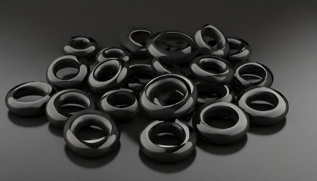 Photo a bunch of black rings on a black surface