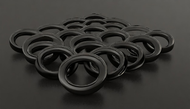 Photo a bunch of black rings on a black surface