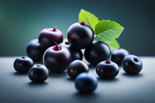 A bunch of blackberries with a green leaf on the side