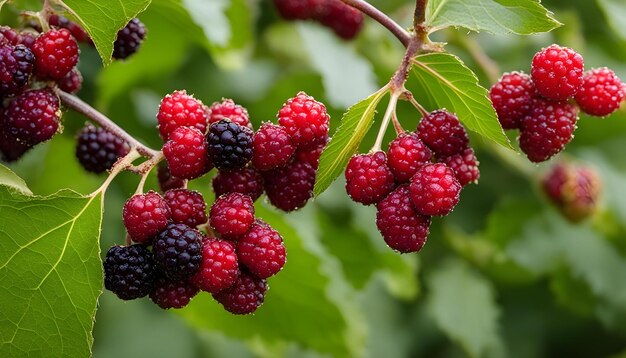 Photo a bunch of blackberries with green leaves and a red and black berry