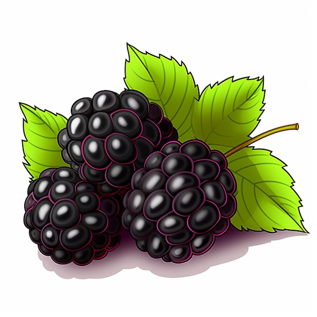 A bunch of blackberries with green leaves on a white background