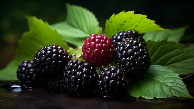 a bunch of blackberries with green leaves