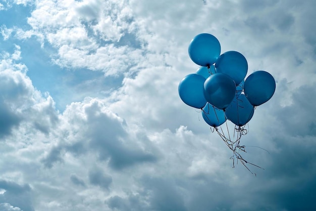 A bunch of blue balloons floating in the air