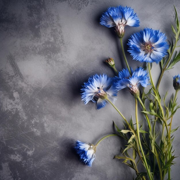 A bunch of blue flowers on a gray background with the word dandelion on it.