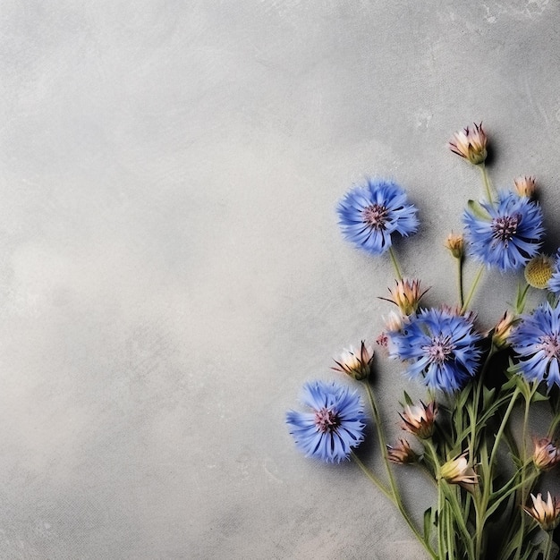 灰色の背景に青い花の束