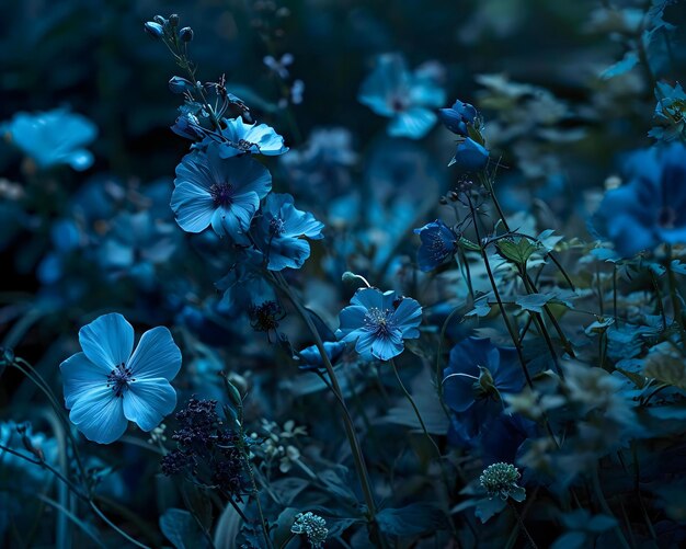 a bunch of blue flowers that are in the grass