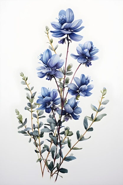 緑の葉を持つ青い花の束 ガッシュ絵画 インディゴ タイム ウォールアートに最適