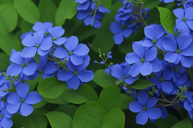 A bunch of blue flowers with green leaves