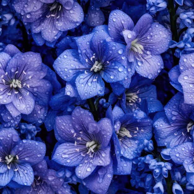 A bunch of blue flowers with the raindrops on them