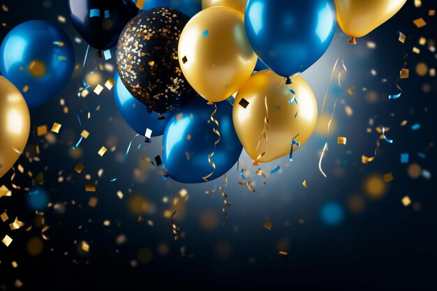 a bunch of blue and gold balloons