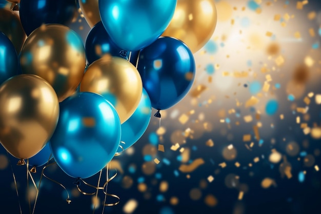 a bunch of blue and gold balloons