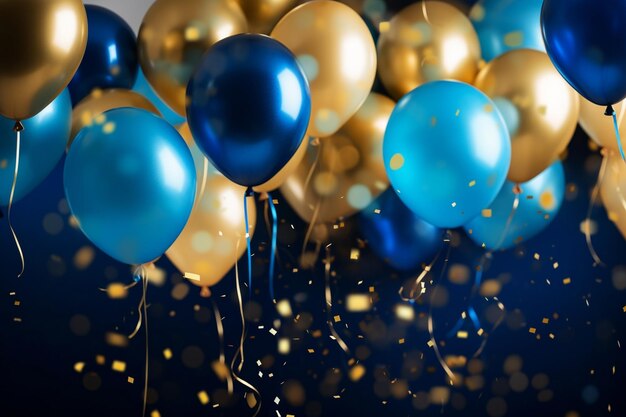 a bunch of blue and gold balloons