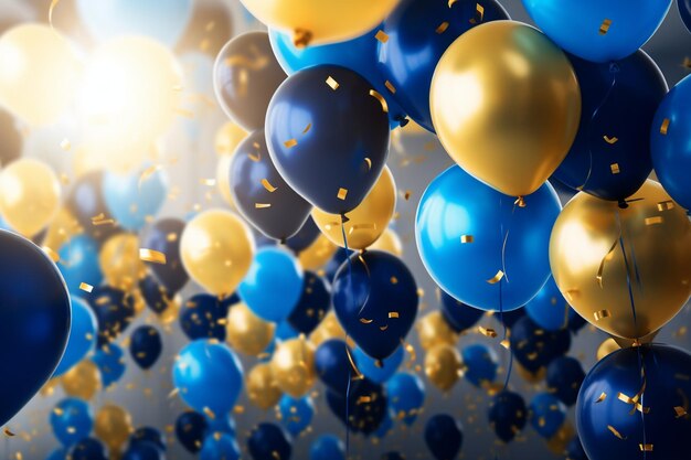 a bunch of blue and gold balloons