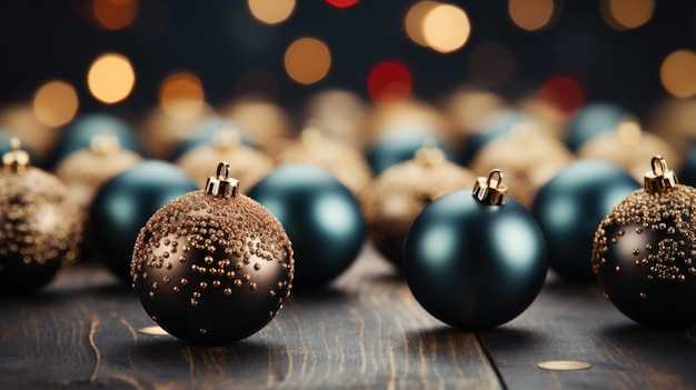 A bunch of blue and gold Christmas ornaments on a table