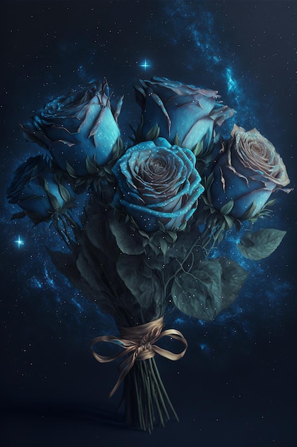 Bunch of blue roses sitting on top of a table generative ai