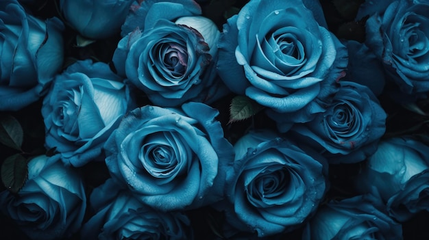 A bunch of blue roses with the word love on the bottom left.