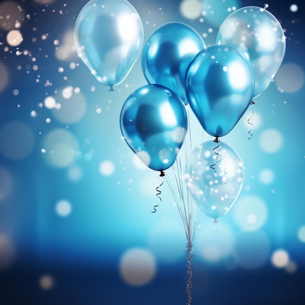 Bunch of blue and silver balloons on blue bokeh background