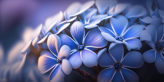 A bunch of blue and white flowers on a branch generative AI