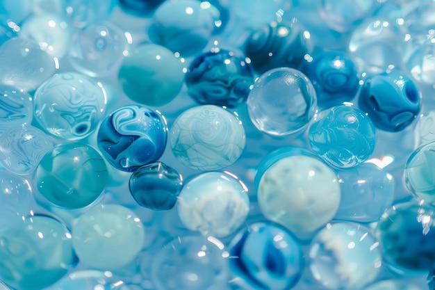 A bunch of blue and white marbles are floating in a blue liquid