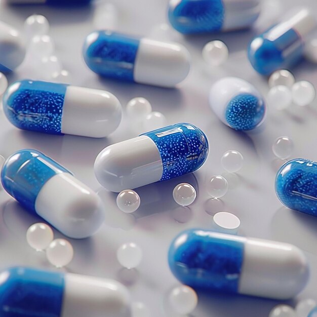 a bunch of blue and white pills that are on a table