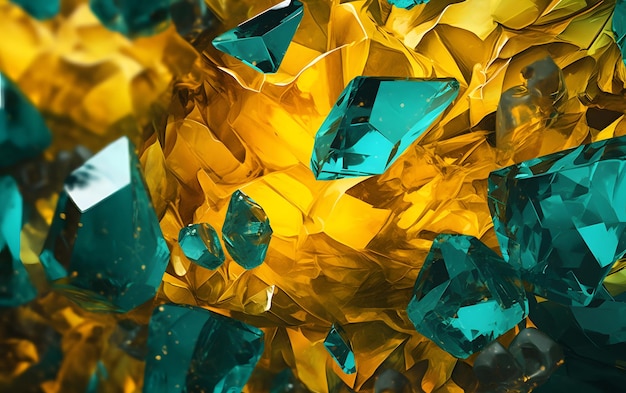 A bunch of blue and yellow crystals with the word diamond on them