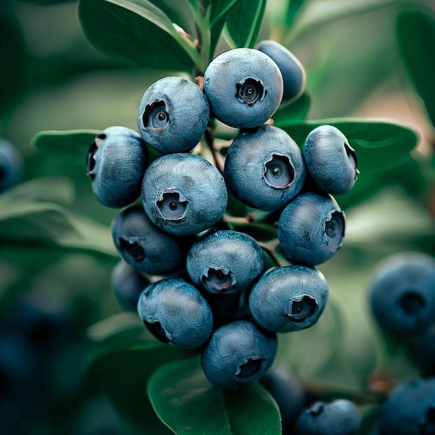 A bunch of blueberries are on a branch with green leaves.