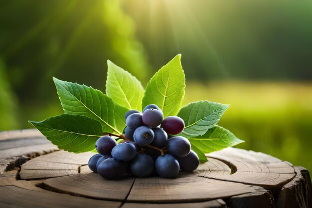 A bunch of blueberries with green leaves on a wooden table.