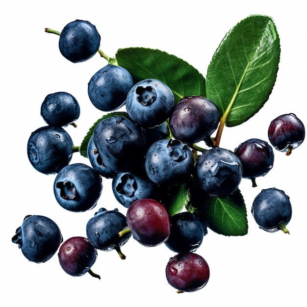 A bunch of blueberries with a leaf on it