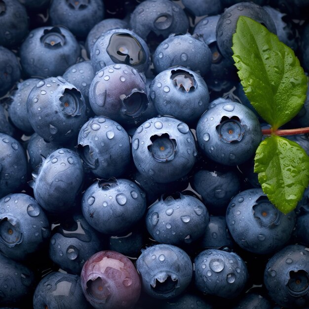 a bunch of blueberries with a leaf in the middle.