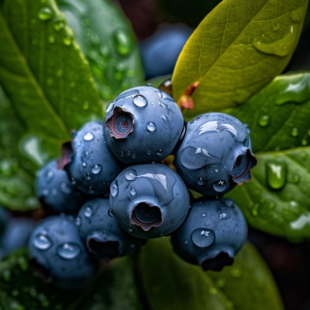 a bunch of blueberries with rain drops on them.