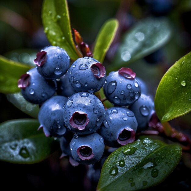 a bunch of blueberries with water drops on them.