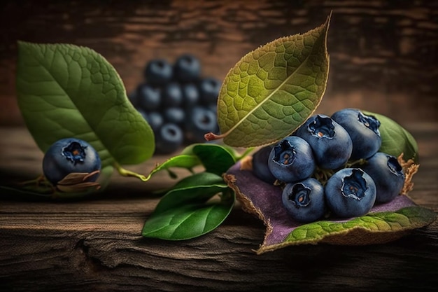 A bunch of blueberries on a wooden table