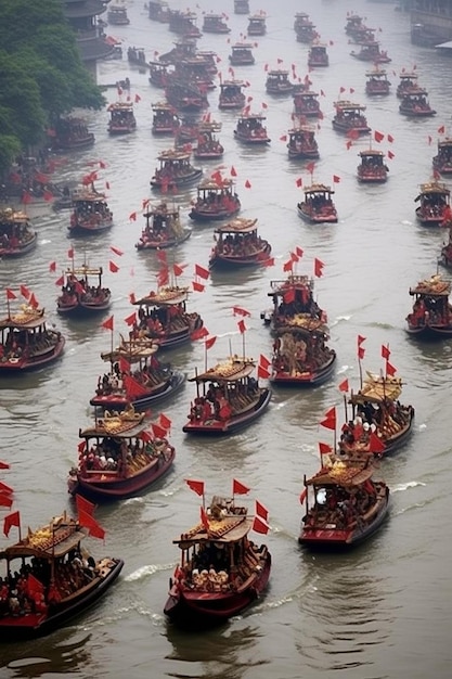 Photo a bunch of boats with red flags on the top of them