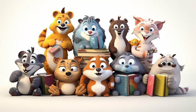 Photo a bunch of bookloving animal characters