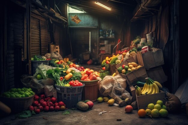 Foto un mucchio di scatole di frutta e verdura sono sul pavimento.