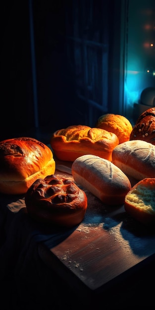 A bunch of breads are on a table in a dark room.