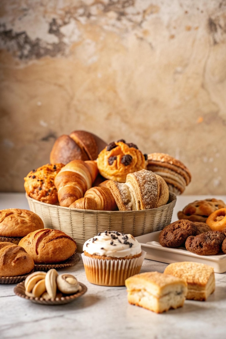 Photo a bunch of breads and pastries sit on a table