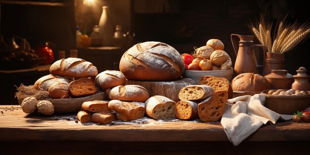 A bunch of breads that are sitting on a table