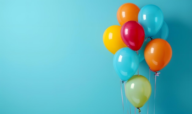 Bunch of bright balloons on blue background space for text