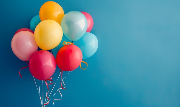 Bunch of bright balloons on blue background space for text