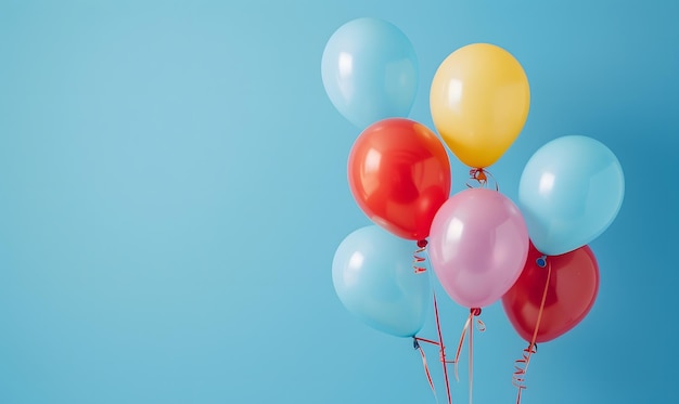 Bunch of bright balloons on blue background space for text