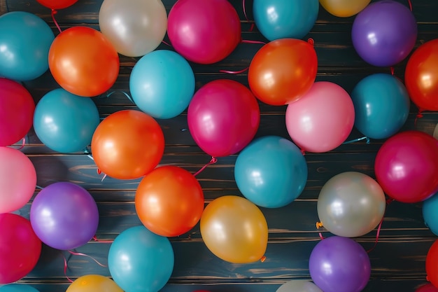 A bunch of brightly colored balloons floating in the air creating a vibrant scene at a joyous celebration Overhead shot of mixed color balloons scattered on the floor AI Generated